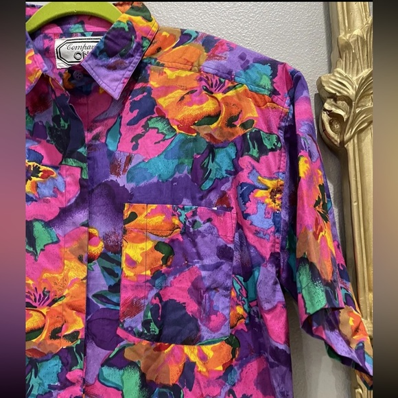 Vintage 90s Company One Cotton Button Hawaiian Floral Top Size Large Short Sleev - Picture 2 of 5